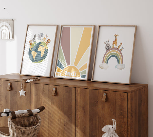 Personalised Safari Set of 3 Wall Prints | Wall Art for Nursery, Bedroom or Playroom - RoseRowanDesign