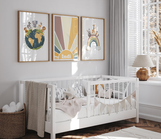 Personalised Safari Set of 3 Wall Prints | Wall Art for Nursery, Bedroom or Playroom - RoseRowanDesign