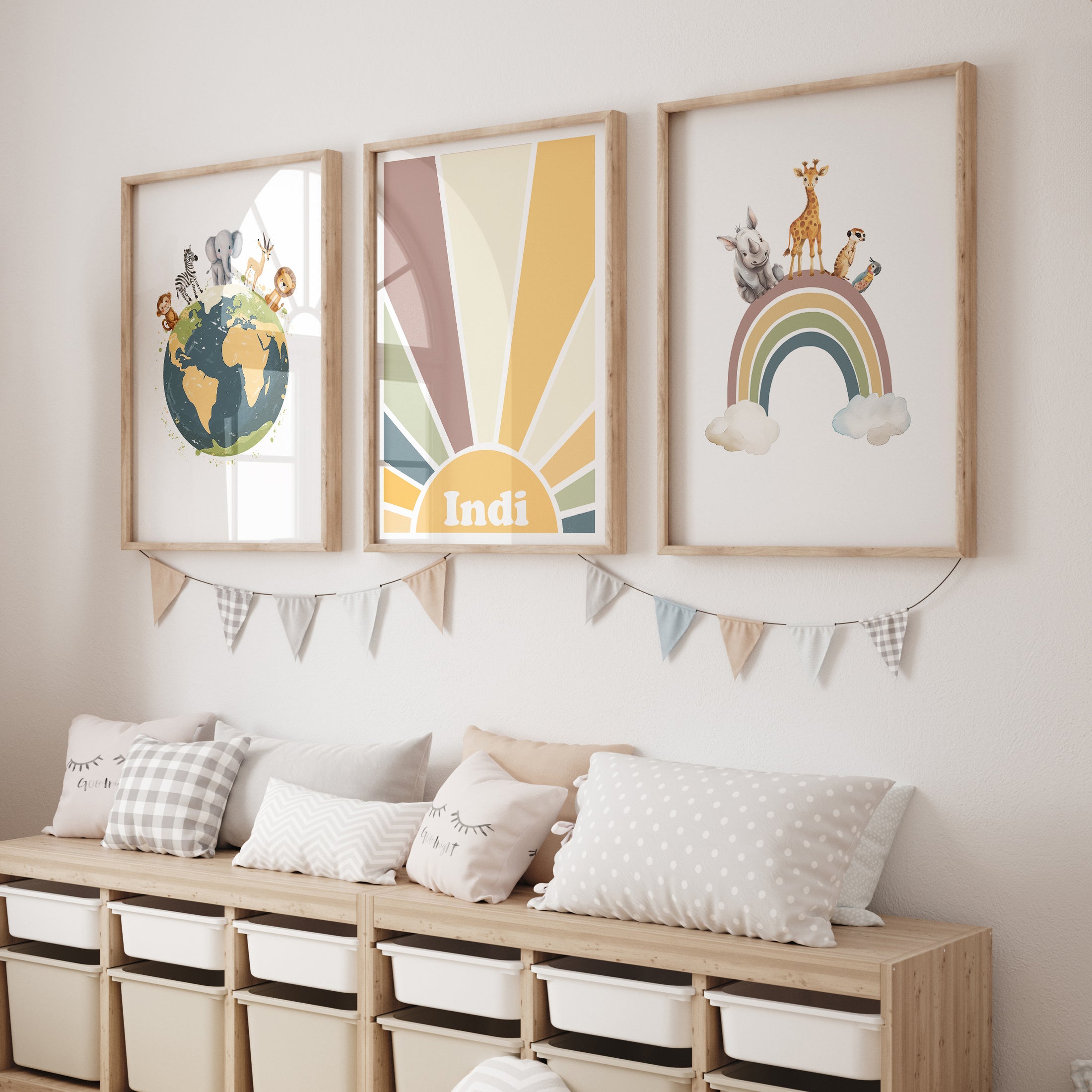 Personalised Safari Set of 3 Wall Prints | Wall Art for Nursery, Bedroom or Playroom - RoseRowanDesign