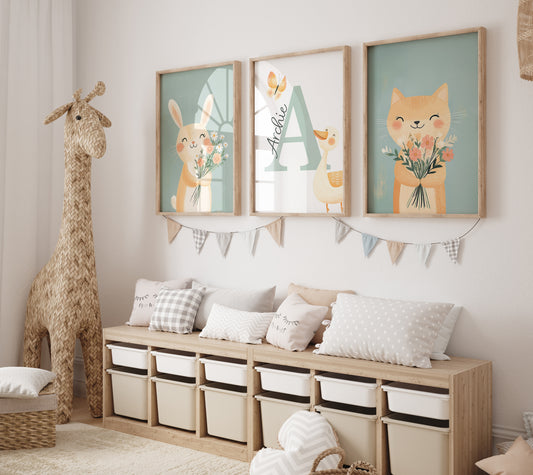 Personalised  Set of 3 Bunny Prints | Wall Art for Nursery, Bedroom or Playroom - RoseRowanDesign