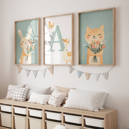 Personalised  Set of 3 Bunny Prints | Wall Art for Nursery, Bedroom or Playroom - RoseRowanDesign