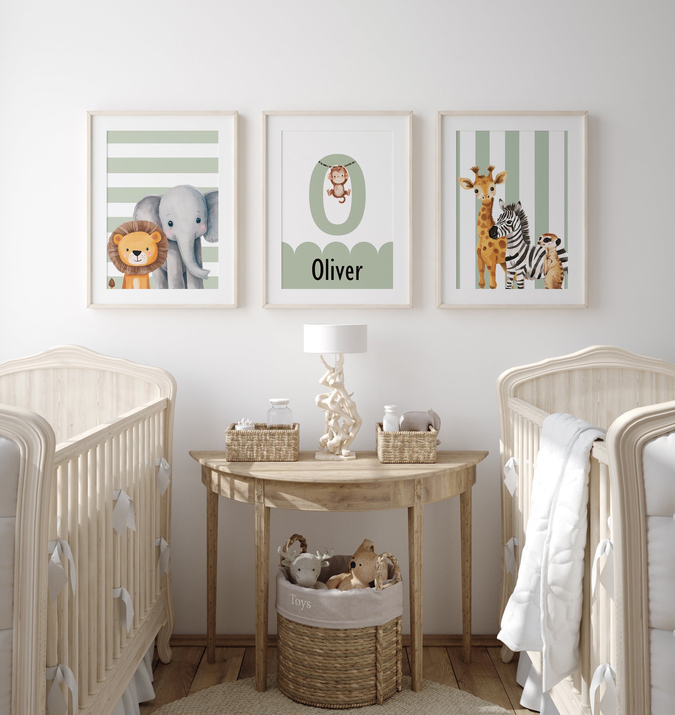 Personalised Striped Safari Set of 3 Wall Prints | Wall Art for Nursery, Bedroom or Playroom - RoseRowanDesign