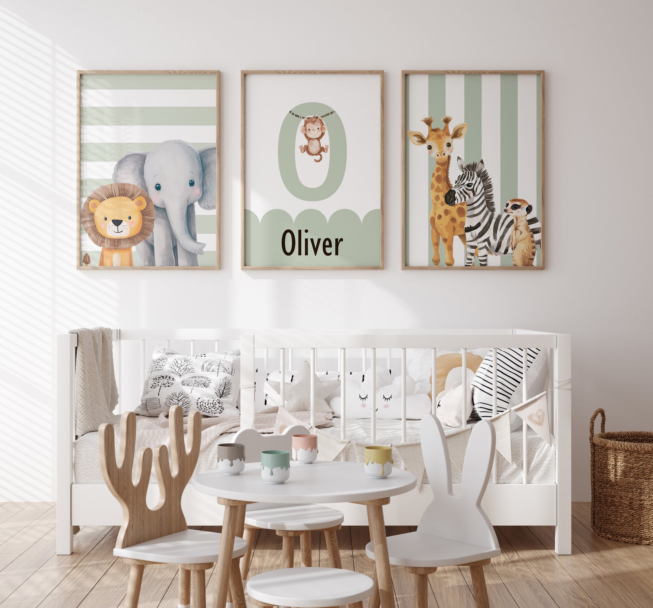 Personalised Striped Safari Set of 3 Wall Prints | Wall Art for Nursery, Bedroom or Playroom - RoseRowanDesign