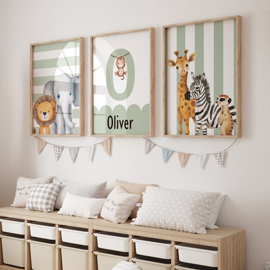 Personalised Striped Safari Set of 3 Wall Prints | Wall Art for Nursery, Bedroom or Playroom - RoseRowanDesign