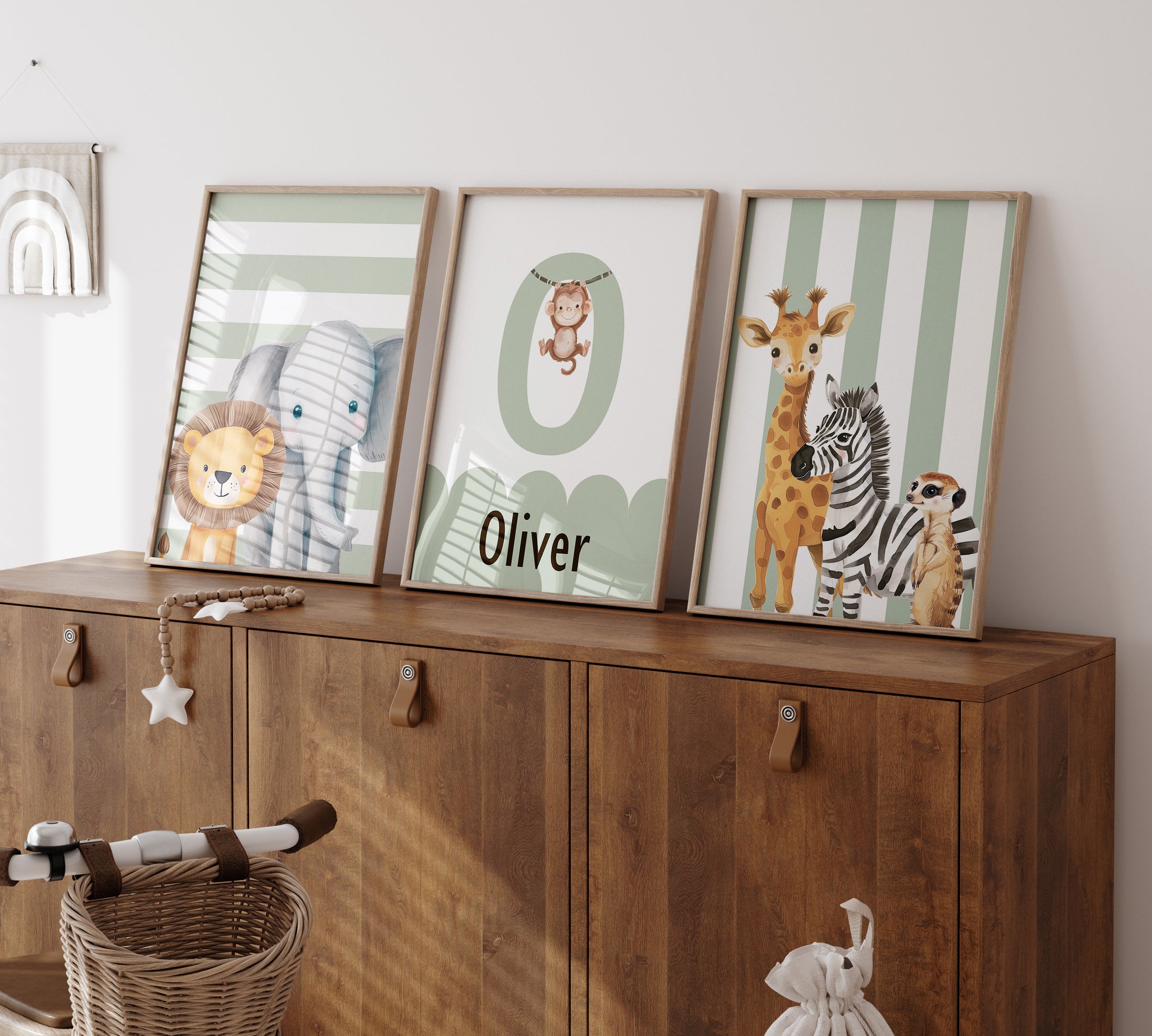 Personalised Striped Safari Set of 3 Wall Prints | Wall Art for Nursery, Bedroom or Playroom - RoseRowanDesign