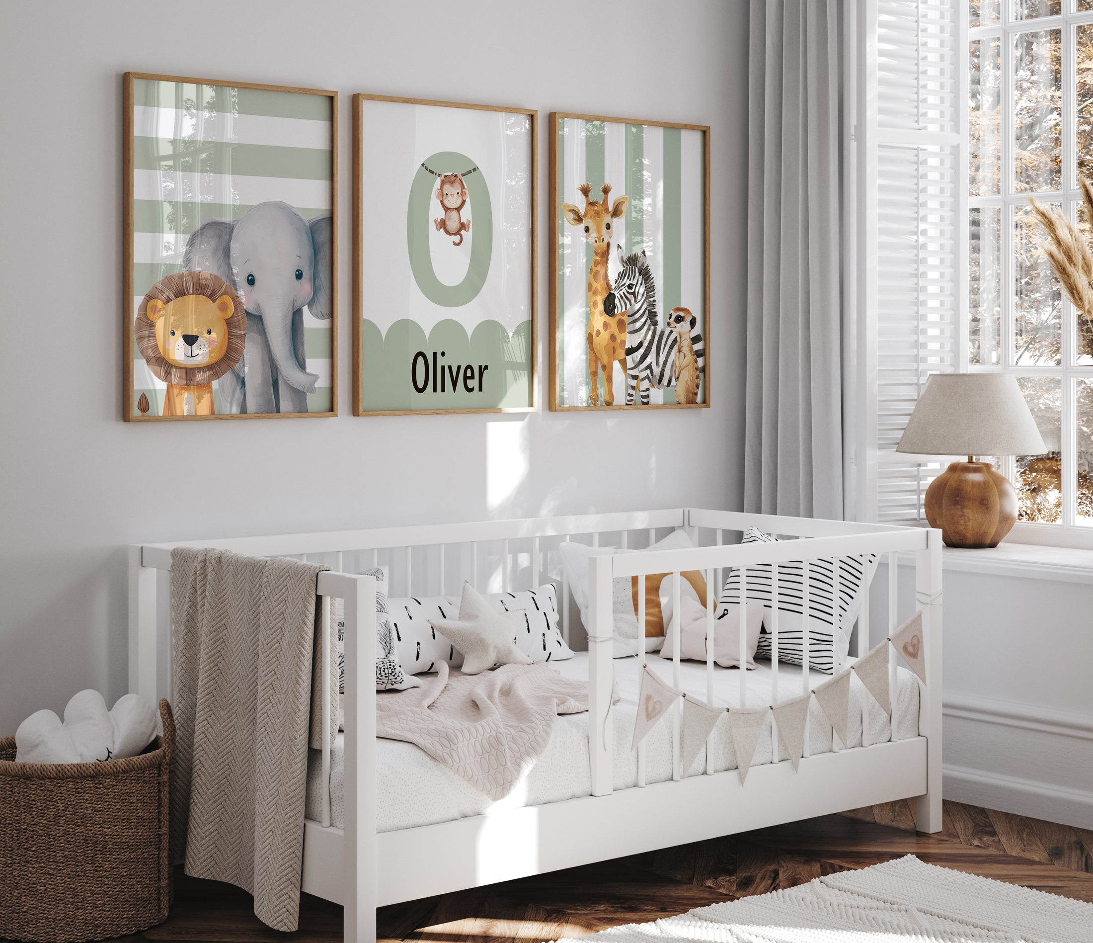 Personalised Striped Safari Set of 3 Wall Prints | Wall Art for Nursery, Bedroom or Playroom - RoseRowanDesign