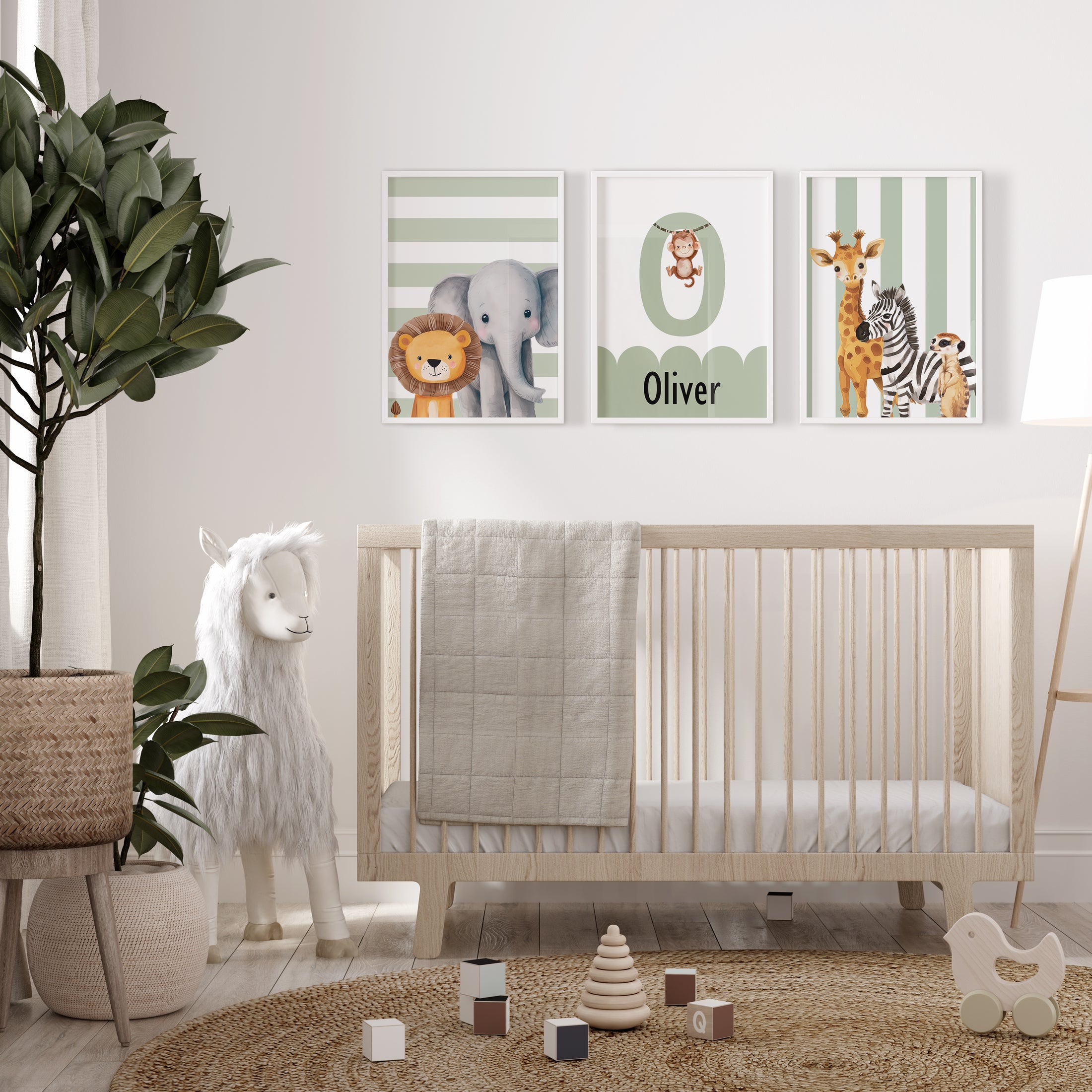 Personalised Striped Safari Set of 3 Wall Prints | Wall Art for Nursery, Bedroom or Playroom - RoseRowanDesign