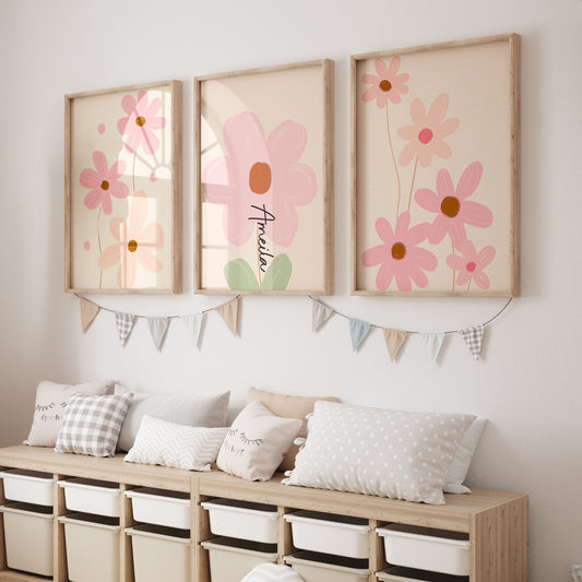 Pink Flowers Personalised Set of 3 Girls Prints | Wall Art for Nursery, Bedroom or Playroom - RoseRowanDesign
