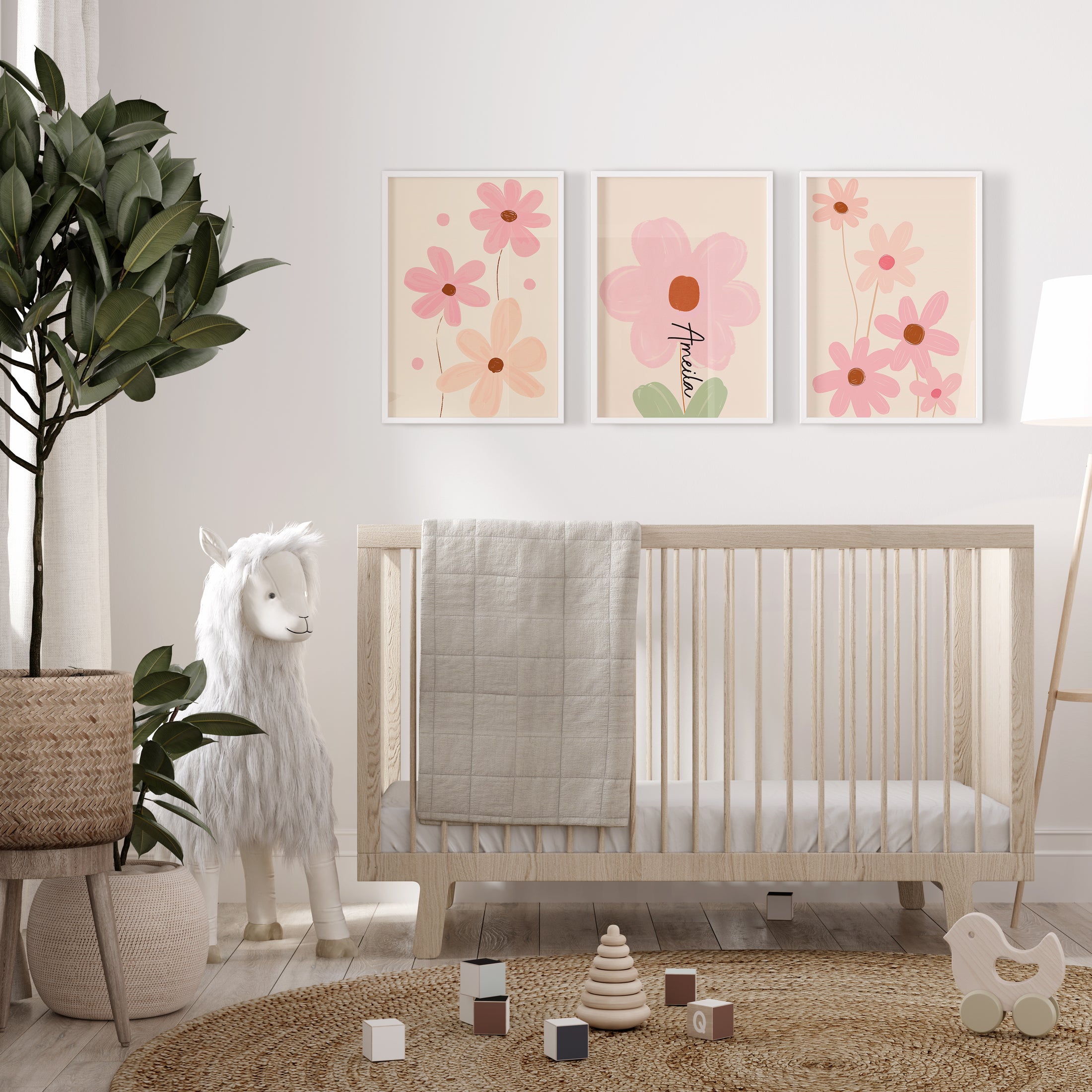 Pink Flowers Personalised Set of 3 Girls Prints | Wall Art for Nursery, Bedroom or Playroom - RoseRowanDesign