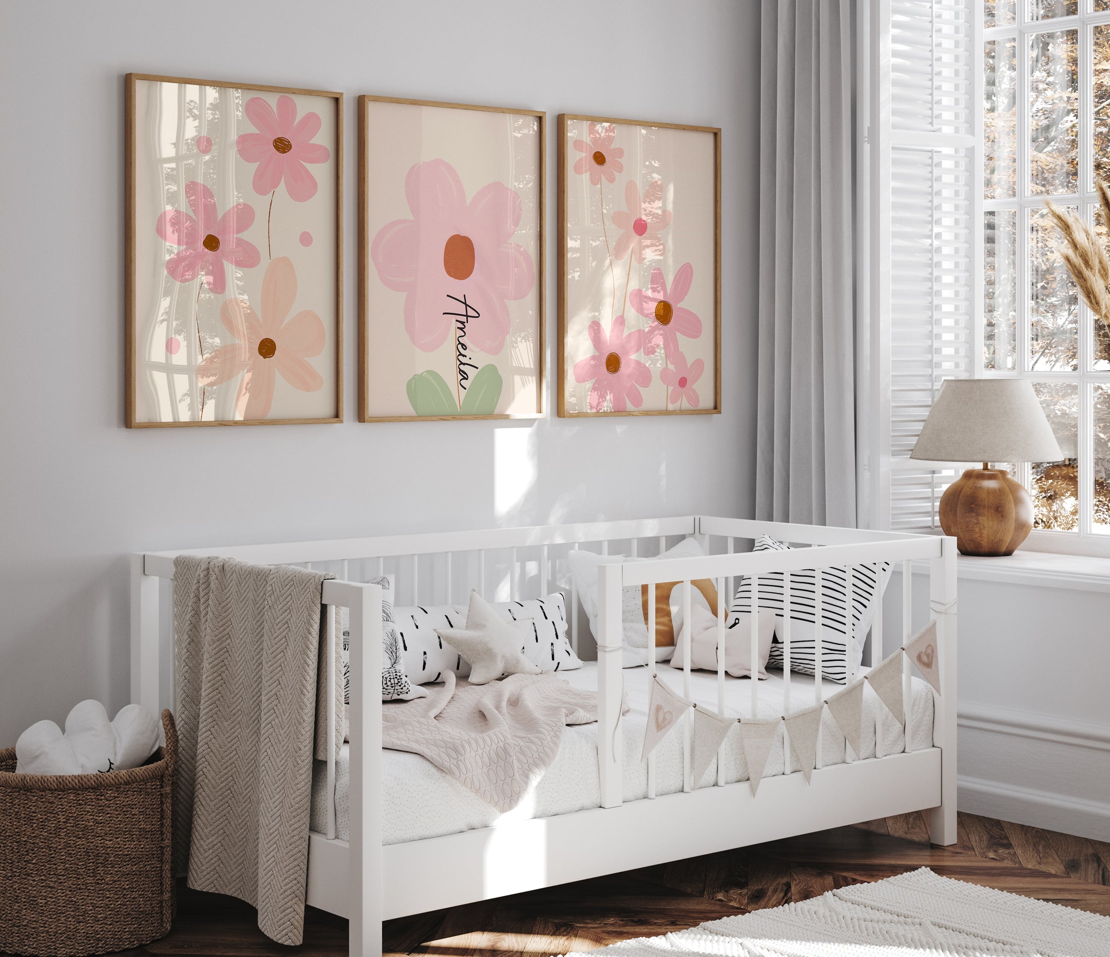 Pink Flowers Personalised Set of 3 Girls Prints | Wall Art for Nursery, Bedroom or Playroom - RoseRowanDesign