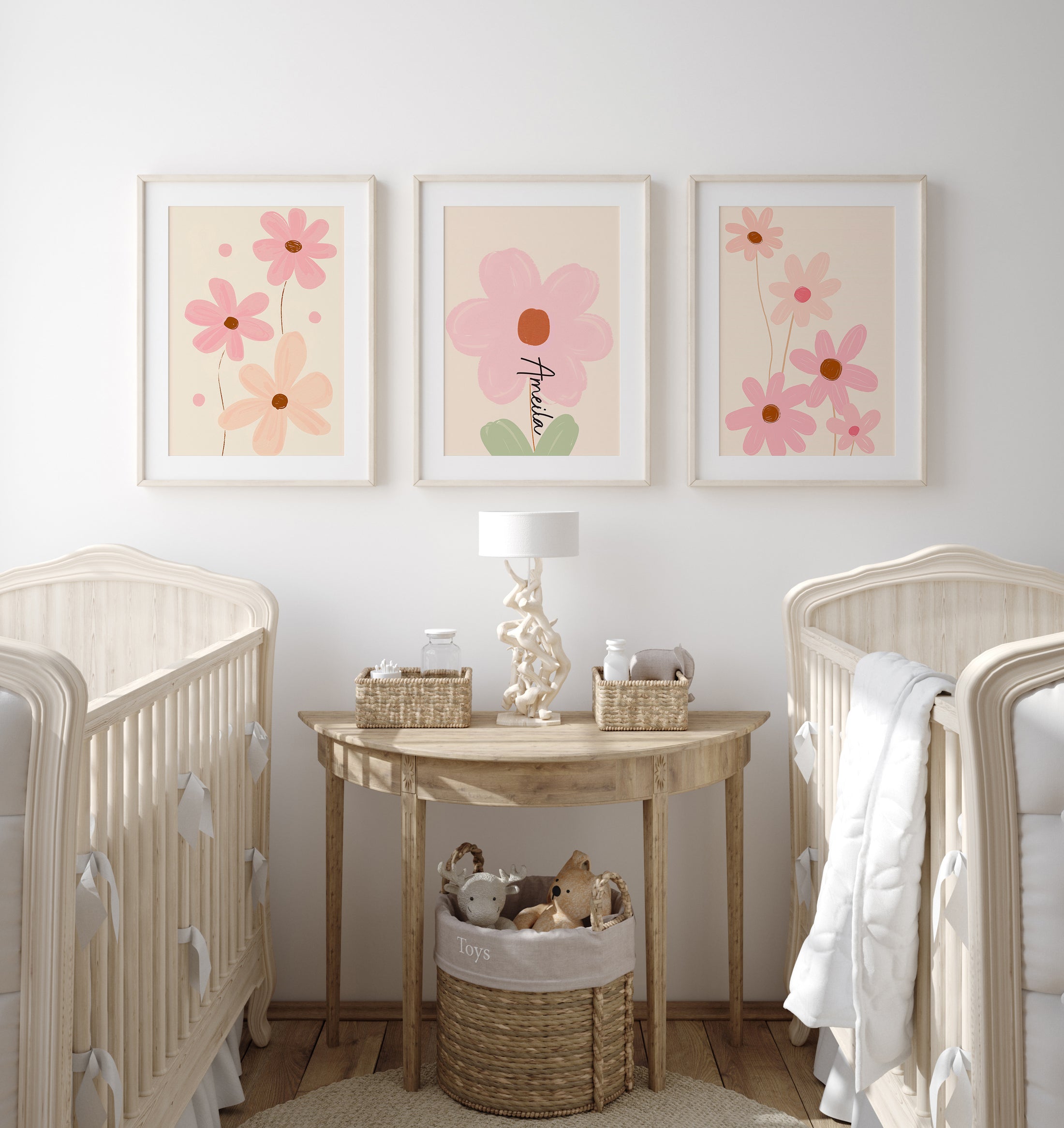 Pink Flowers Personalised Set of 3 Girls Prints | Wall Art for Nursery, Bedroom or Playroom - RoseRowanDesign