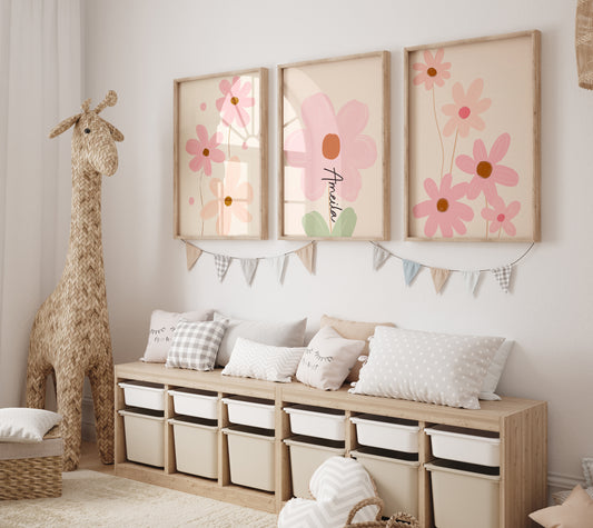 Pink Flowers Personalised Set of 3 Girls Prints | Wall Art for Nursery, Bedroom or Playroom - RoseRowanDesign