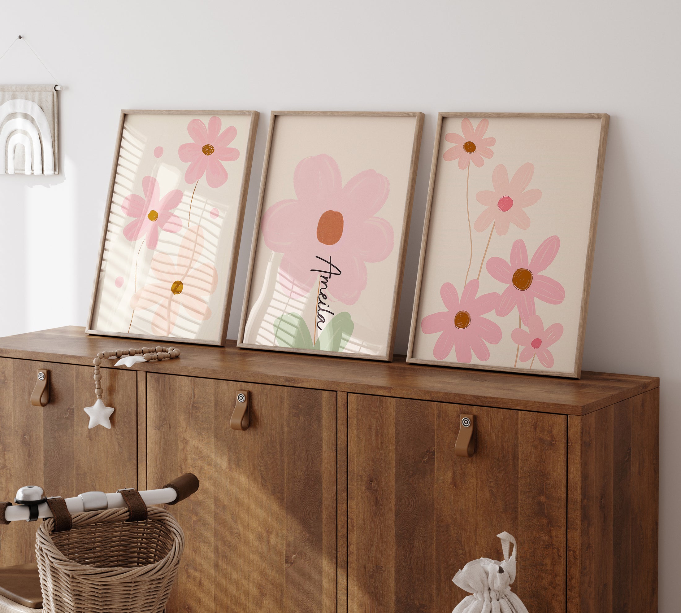 Pink Flowers Personalised Set of 3 Girls Prints | Wall Art for Nursery, Bedroom or Playroom - RoseRowanDesign