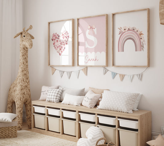 Pink Hearts Personalised Set of 3 Wall Prints | Wall Art for Nursery, Bedroom or Playroom - RoseRowanDesign