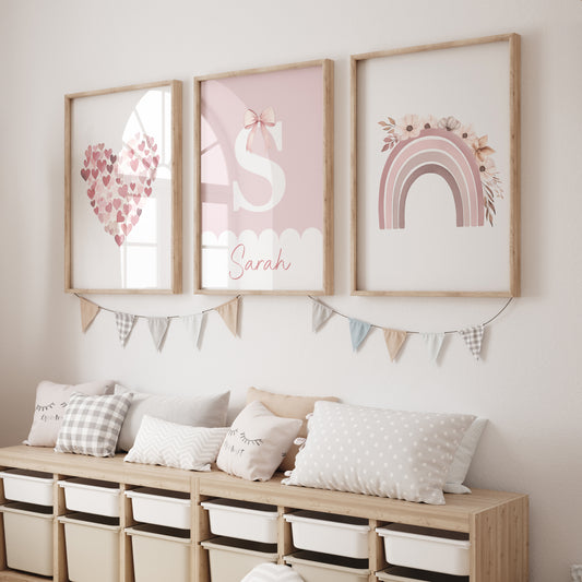 Pink Hearts Personalised Set of 3 Wall Prints | Wall Art for Nursery, Bedroom or Playroom - RoseRowanDesign