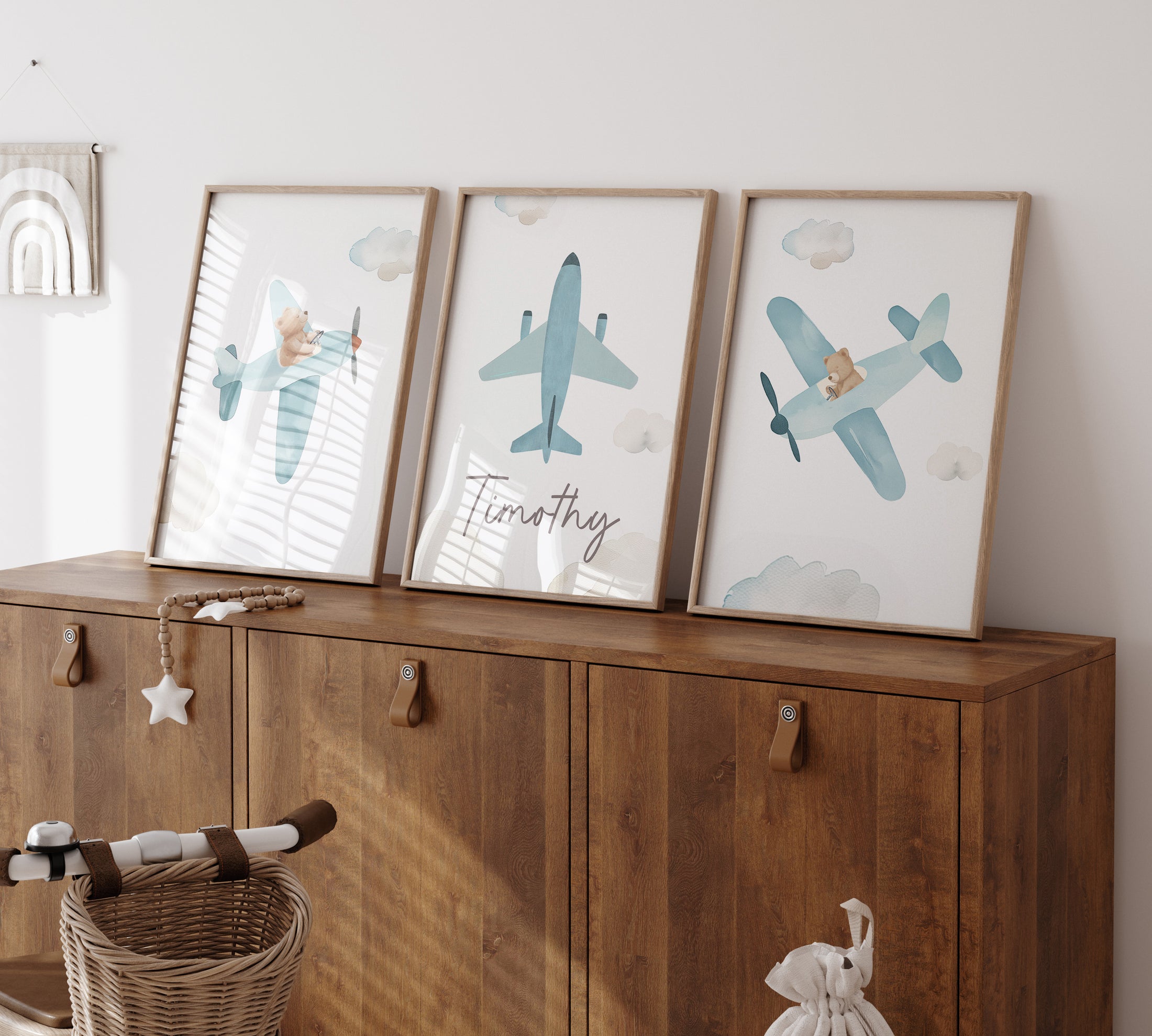 Plane Personalised Set of 3 Wall Prints | Wall Art for Nursery, Bedroom or Playroom - RoseRowanDesign