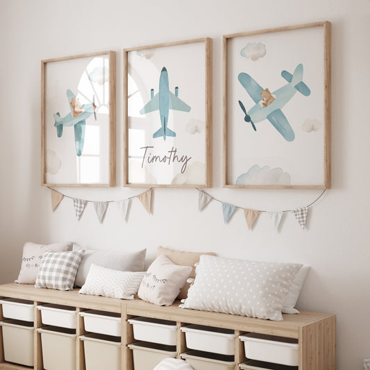 Plane Personalised Set of 3 Wall Prints | Wall Art for Nursery, Bedroom or Playroom - RoseRowanDesign