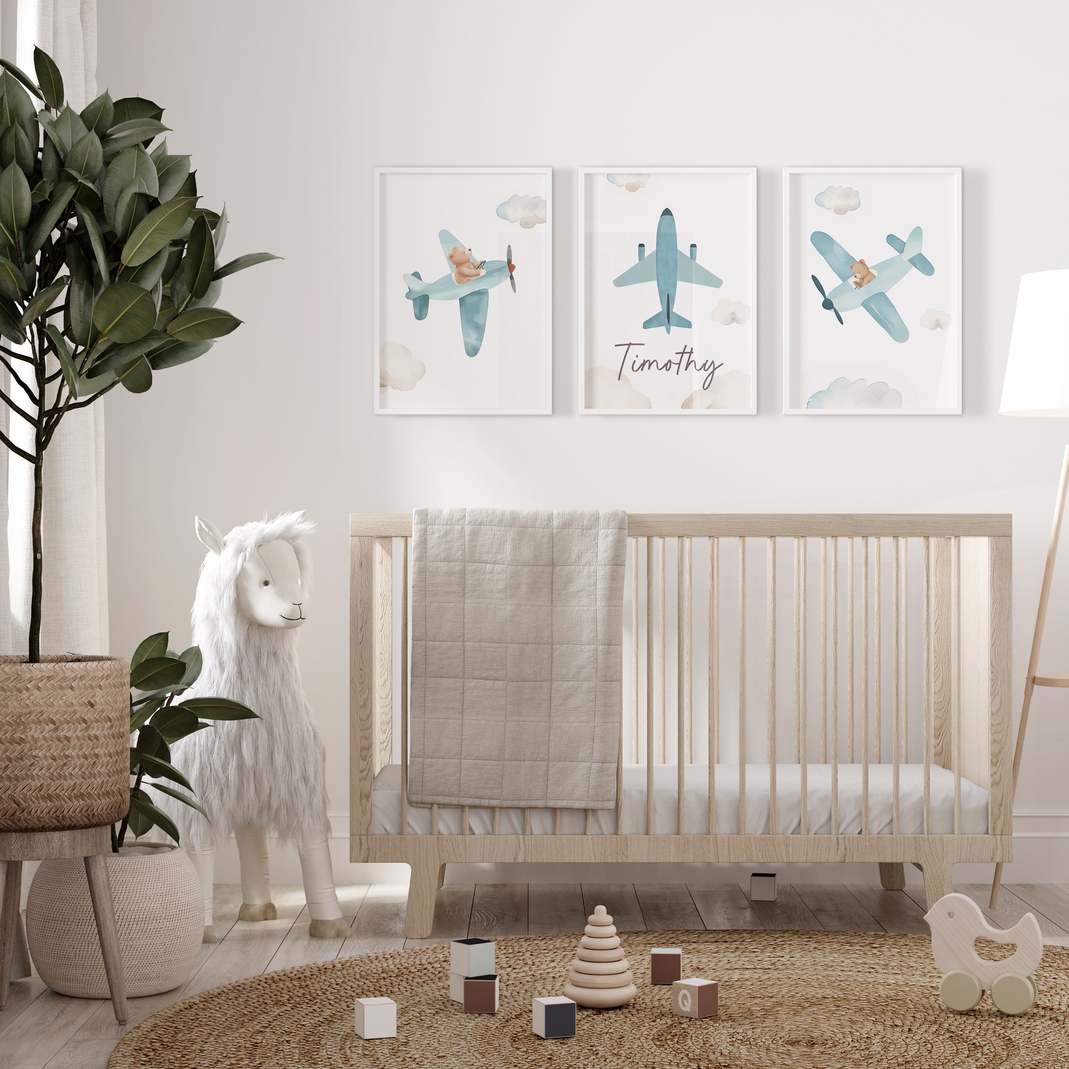 Plane Personalised Set of 3 Wall Prints | Wall Art for Nursery, Bedroom or Playroom - RoseRowanDesign