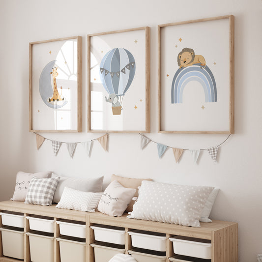 Safari Animal Personalised Set of 3 Wall Prints | Wall Art for Nursery, Bedroom or Playroom - RoseRowanDesign