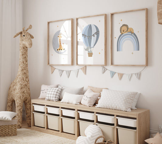 Safari Animal Personalised Set of 3 Wall Prints | Wall Art for Nursery, Bedroom or Playroom - RoseRowanDesign