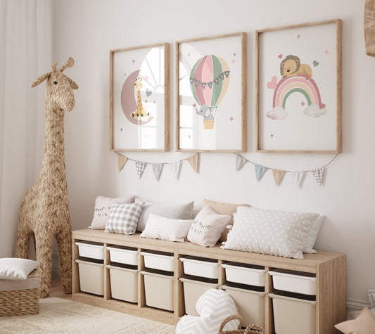 Safari Animal Personalised Set of 3 Wall Prints | Wall Art for Nursery, Bedroom or Playroom - RoseRowanDesign