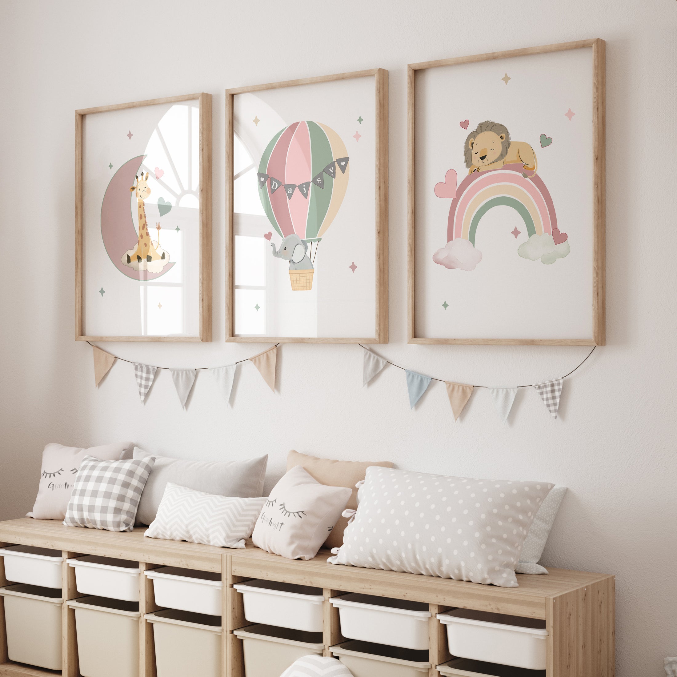 Safari Animal Personalised Set of 3 Wall Prints | Wall Art for Nursery, Bedroom or Playroom - RoseRowanDesign