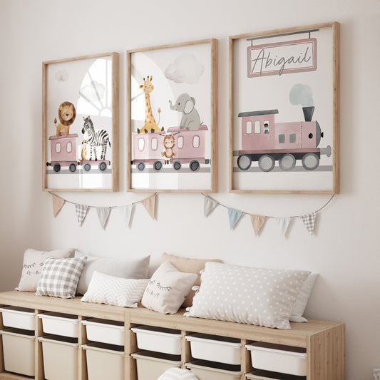 Safari Train Personalised Set of 3 Wall Prints | Wall Art for Nursery, Bedroom or Playroom - RoseRowanDesign