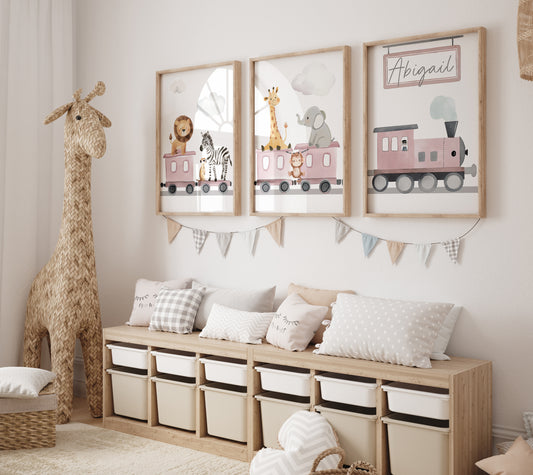 Safari Train Personalised Set of 3 Wall Prints | Wall Art for Nursery, Bedroom or Playroom - RoseRowanDesign