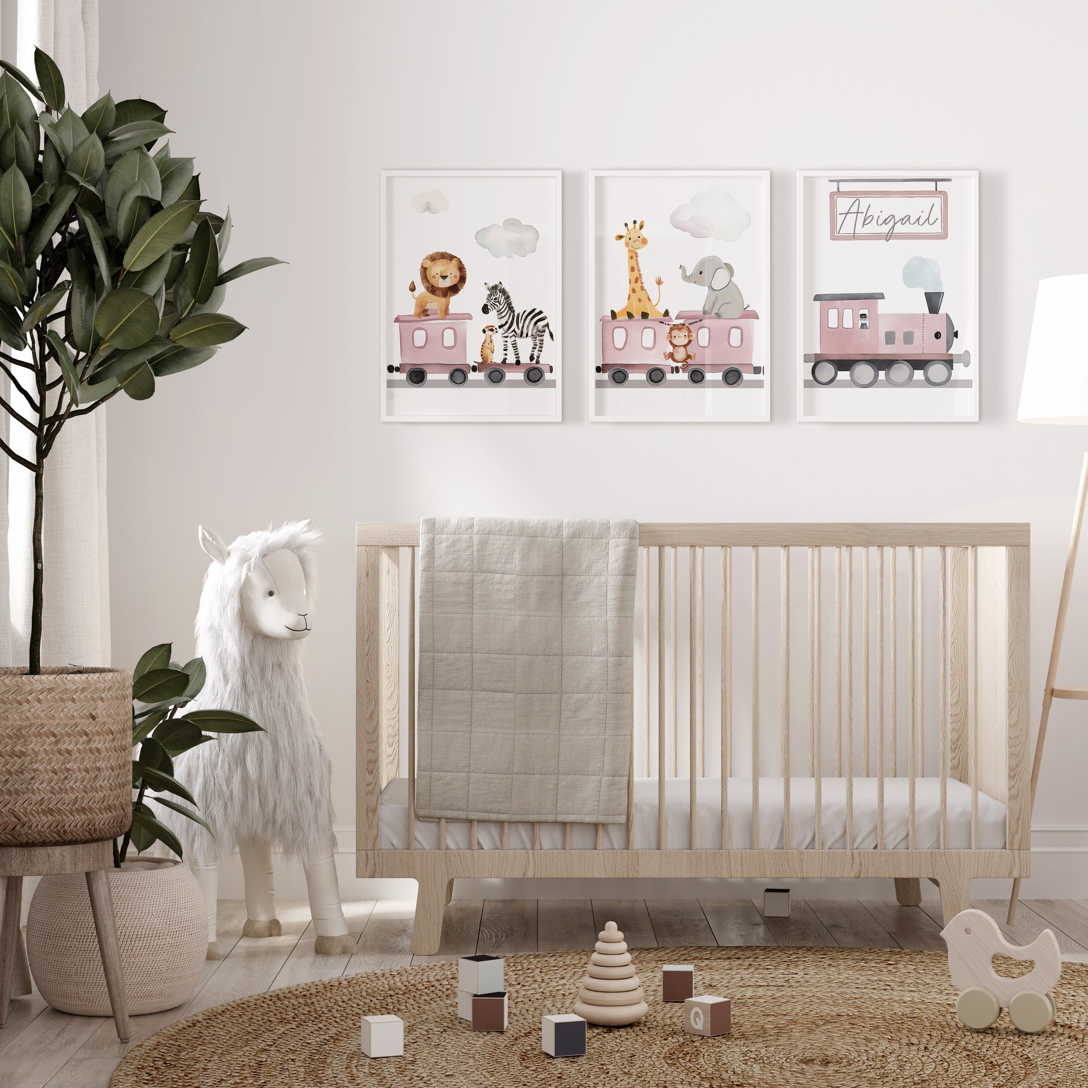 Safari Train Personalised Set of 3 Wall Prints | Wall Art for Nursery, Bedroom or Playroom - RoseRowanDesign