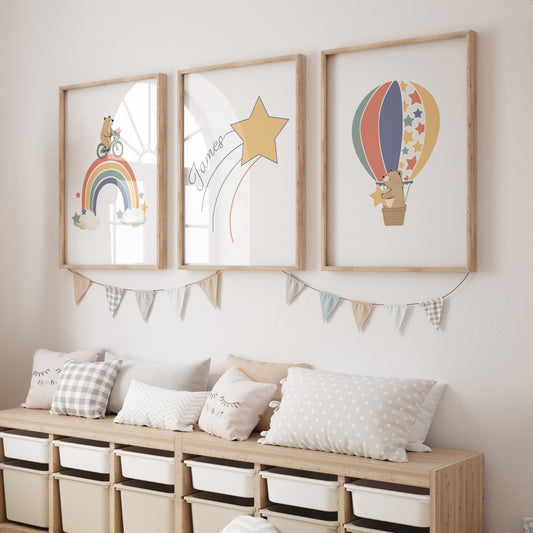 Star Personalised Set of 3 Wall Prints | Wall Art for Nursery, Bedroom or Playroom - RoseRowanDesign