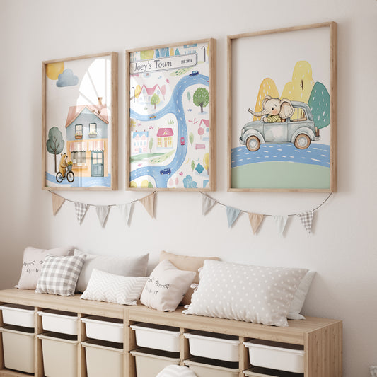 Transport Personalised Map Set of 3 Wall Prints | Wall Art for Nursery, Bedroom or Playroom - RoseRowanDesign