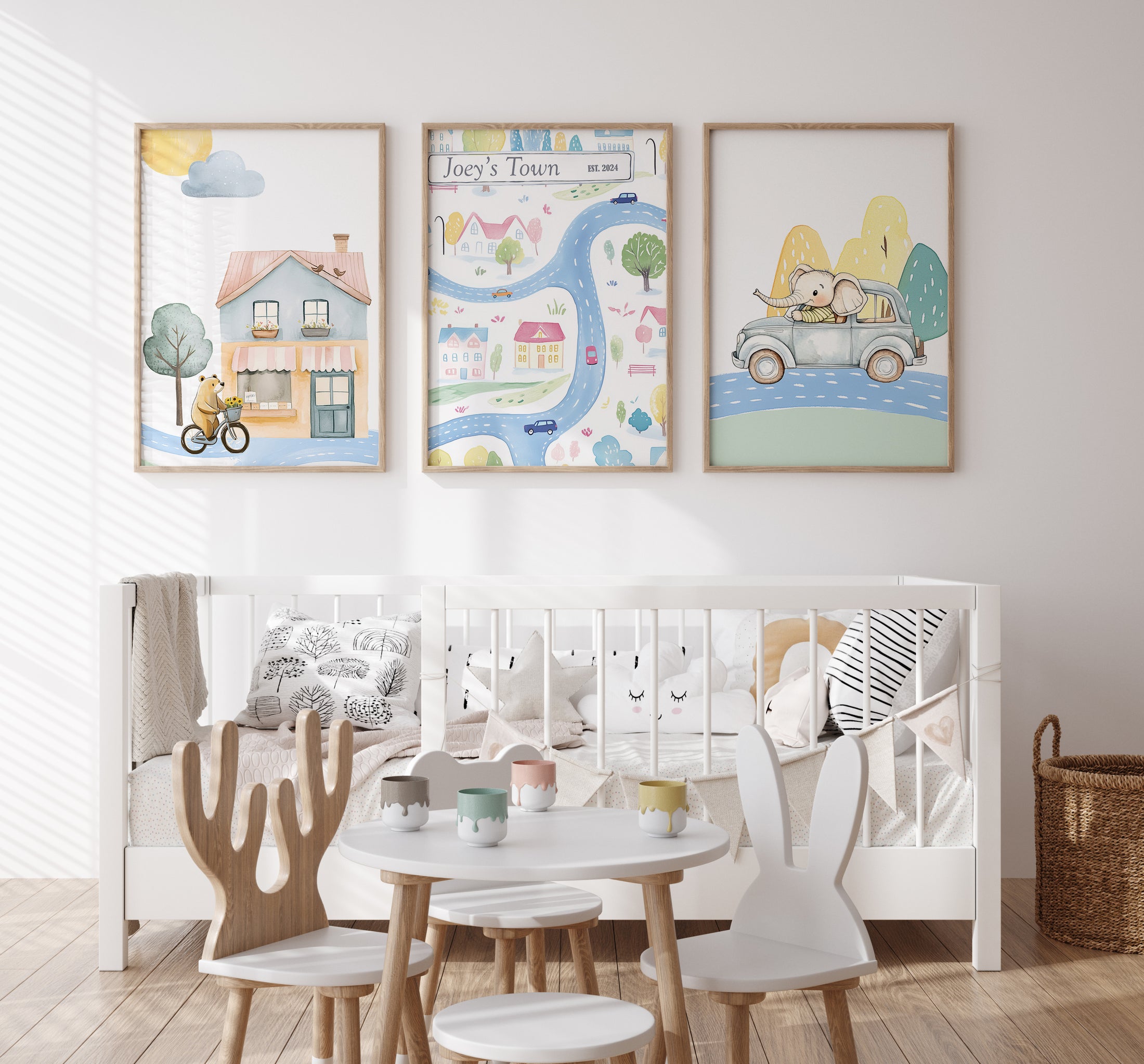 Transport Personalised Map Set of 3 Wall Prints | Wall Art for Nursery, Bedroom or Playroom - RoseRowanDesign