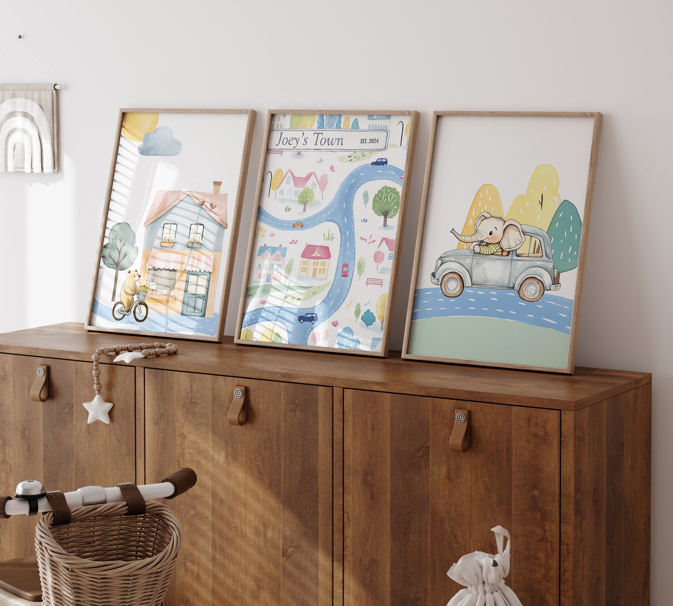 Transport Personalised Map Set of 3 Wall Prints | Wall Art for Nursery, Bedroom or Playroom - RoseRowanDesign