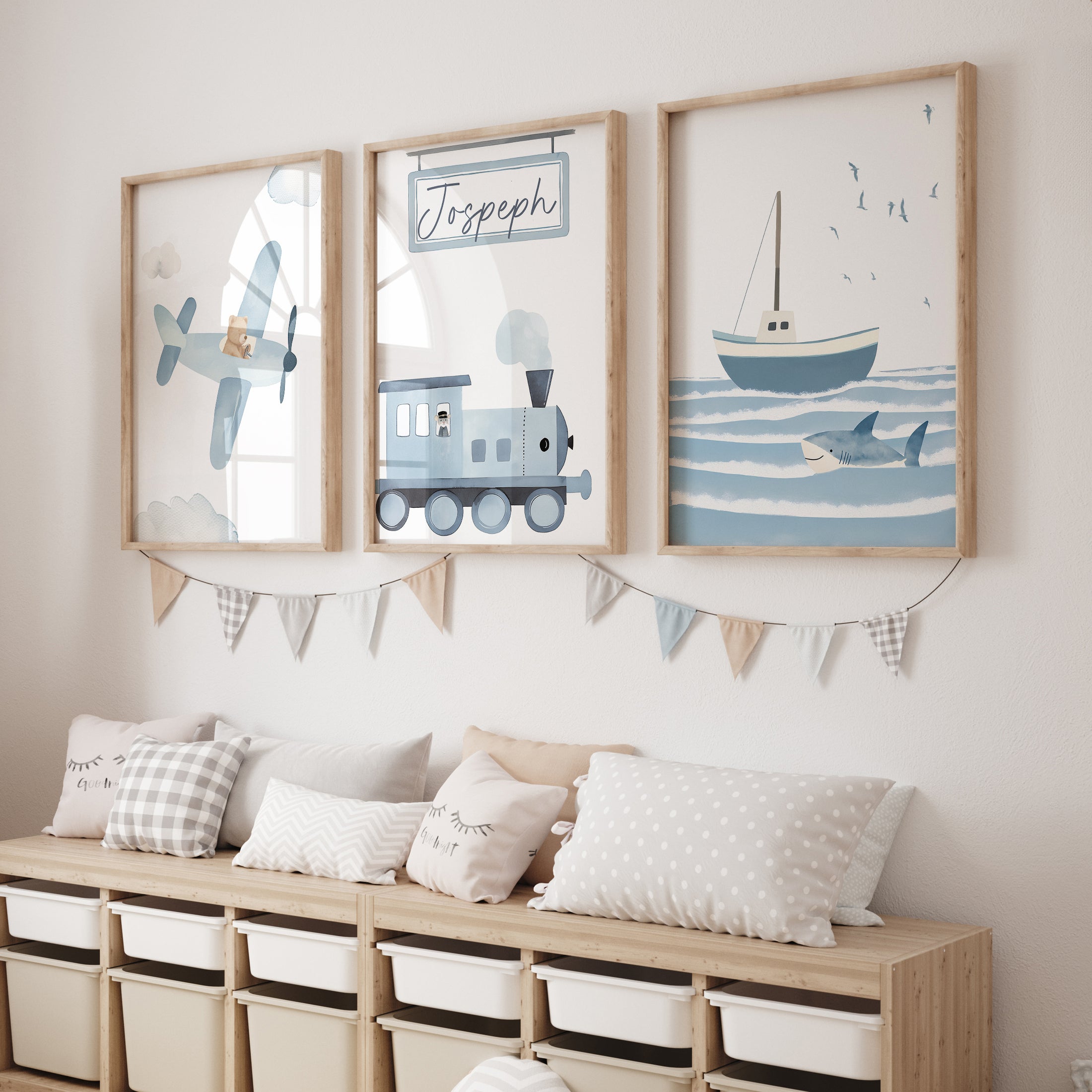 Transport Personalised Set of 3 Wall Prints | Wall Art for Nursery, Bedroom or Playroom - RoseRowanDesign