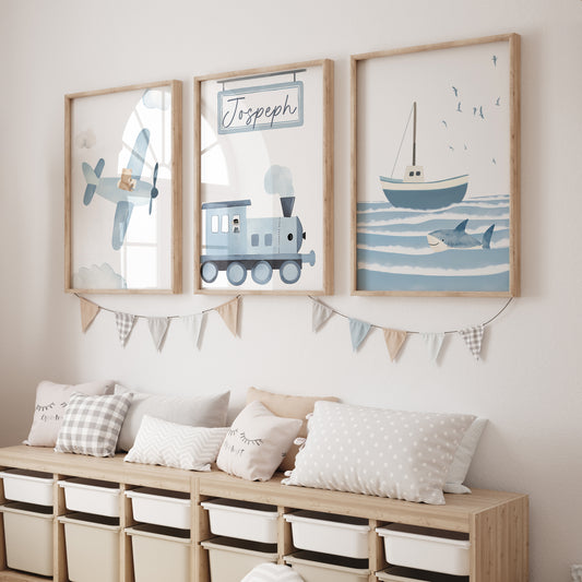 Transport Personalised Set of 3 Wall Prints | Wall Art for Nursery, Bedroom or Playroom - RoseRowanDesign
