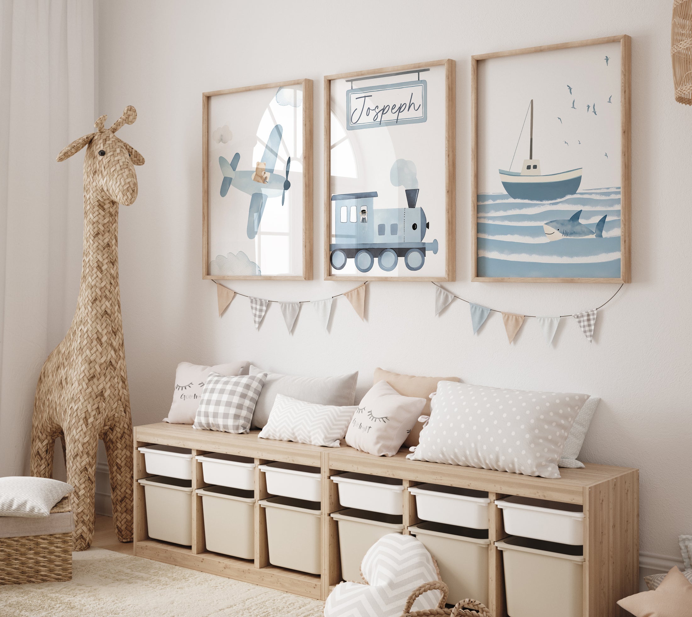 Transport Personalised Set of 3 Wall Prints | Wall Art for Nursery, Bedroom or Playroom - RoseRowanDesign