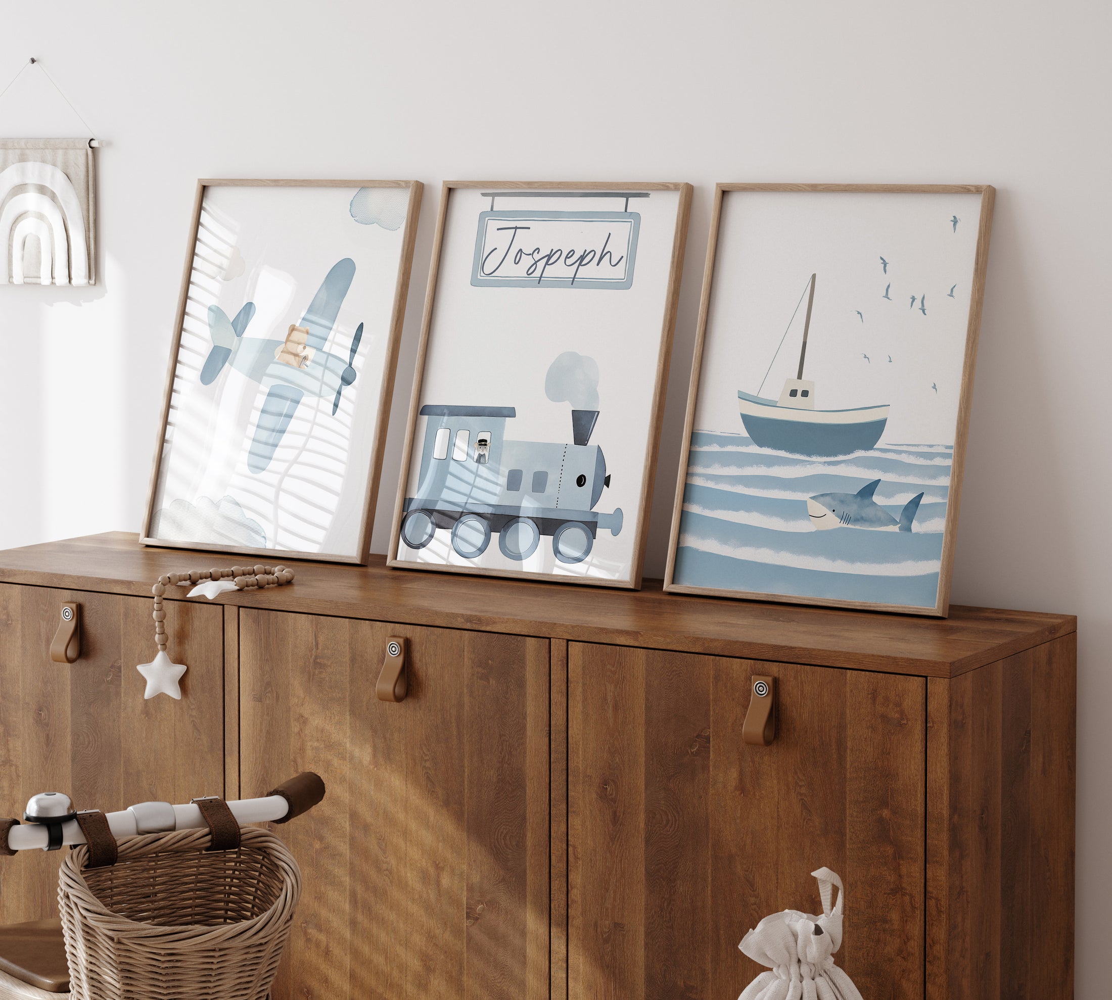 Transport Personalised Set of 3 Wall Prints | Wall Art for Nursery, Bedroom or Playroom - RoseRowanDesign