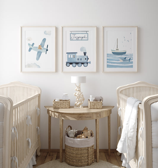 Transport Personalised Set of 3 Wall Prints | Wall Art for Nursery, Bedroom or Playroom - RoseRowanDesign