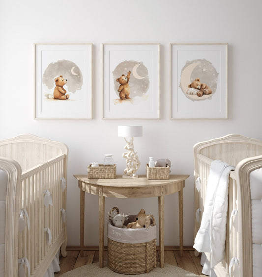 Teddy Bear Theme Kids Wall Art | Beige | Set of 3 Nursery Prints - RoseRowanDesign