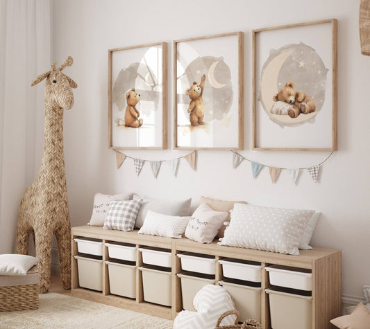 Teddy Bear Theme Kids Wall Art | Beige | Set of 3 Nursery Prints - RoseRowanDesign