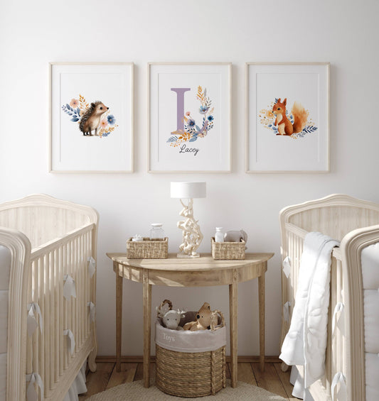Wildflower Nursery Prints | Set of 3 Woodland Animal Wall Art | Personalised Decor for Girls' Room - RoseRowanDesign