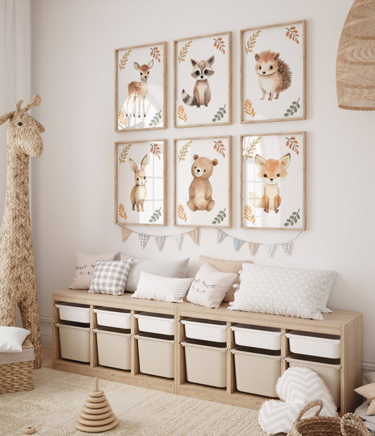 Woodland Animal Nursery Prints | Set of 6 | Neutral Forest Decor with Fox, Bunny, Deer & Bear - RoseRowanDesign