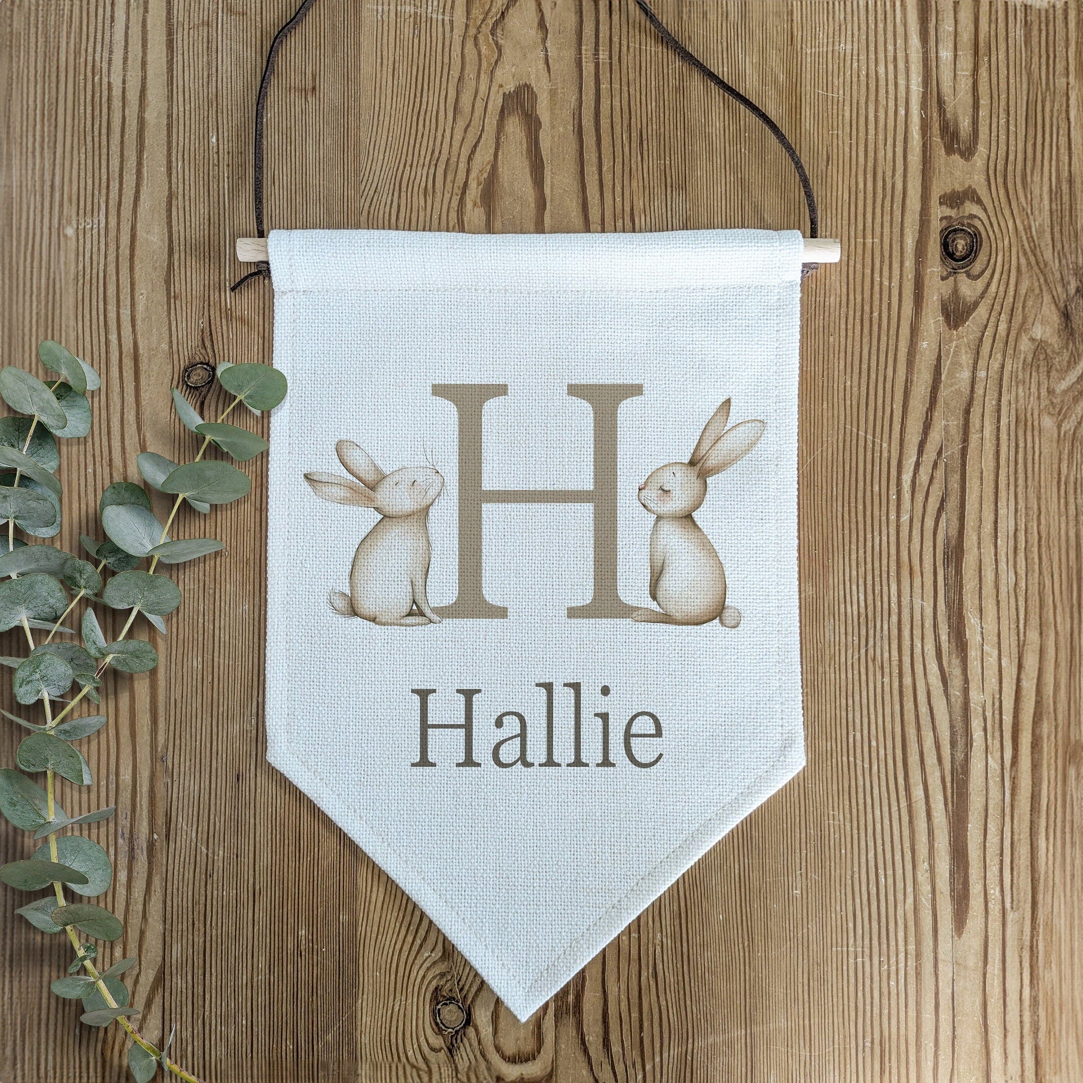 Personalised Bunny Name Pennant Wall Flag | Beige Nursery Decor for Baby - RoseRowanDesign