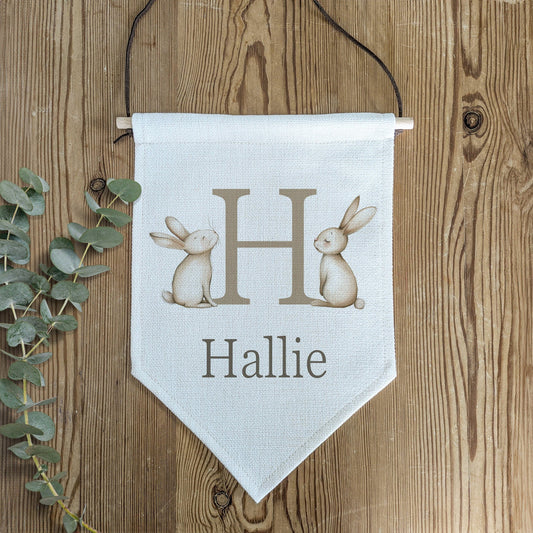 Personalised Bunny Name Pennant Wall Flag | Beige Nursery Decor for Baby - RoseRowanDesign