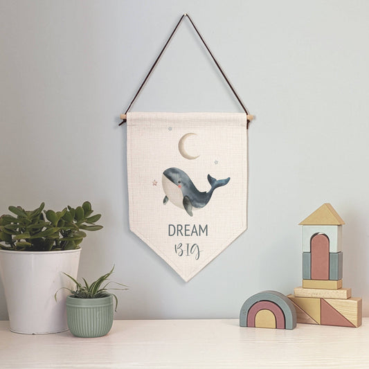 Whale Pennant Wall Flag | Blue Boho Kids Room Banner - RoseRowanDesign