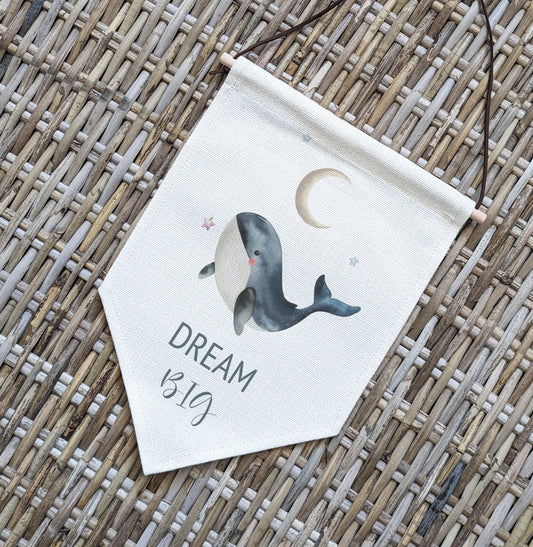 Whale Pennant Wall Flag | Blue Boho Kids Room Banner - RoseRowanDesign