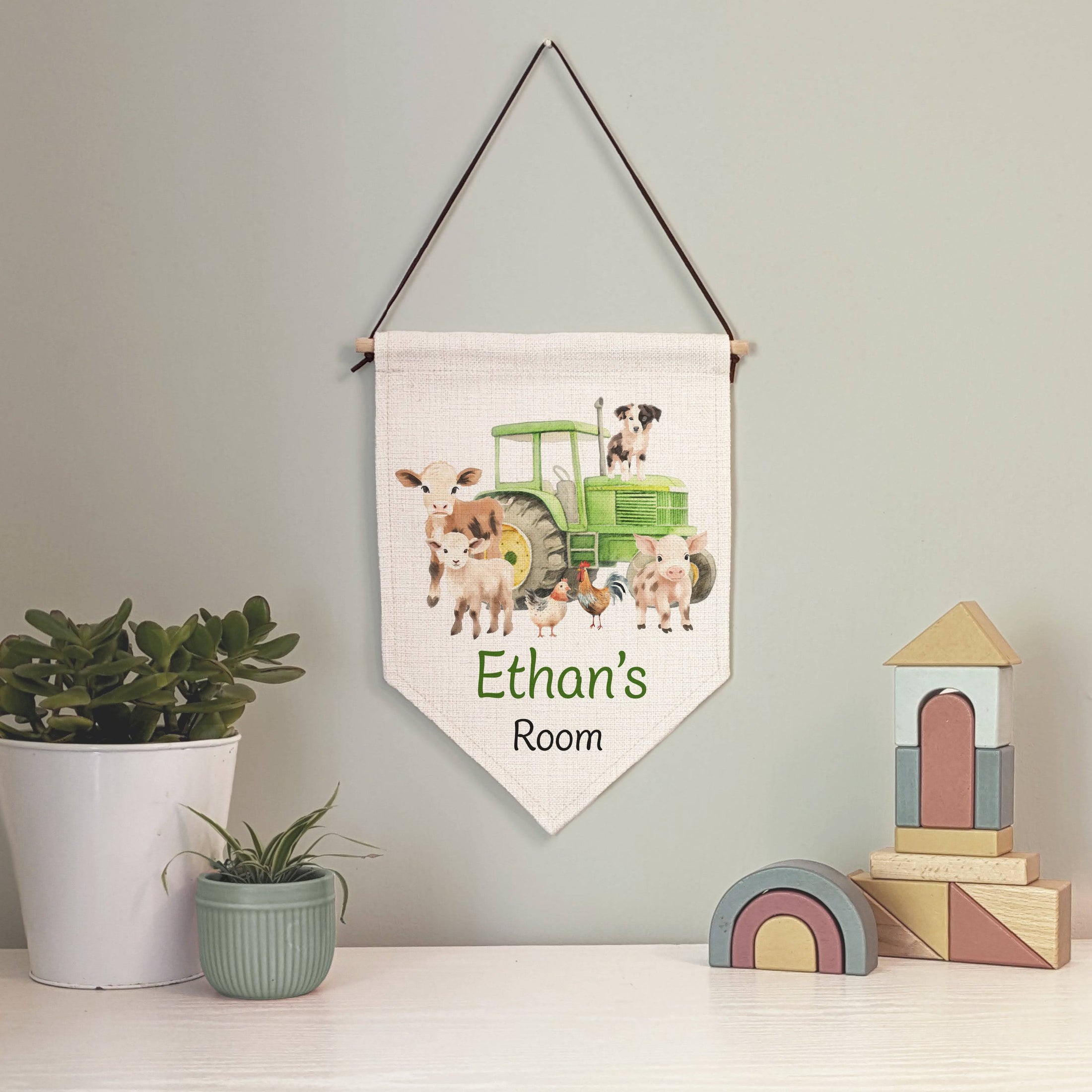 Personalised Farm Animal Name Pennant Wall Flag | Nursery Decor for Kids Room - RoseRowanDesign
