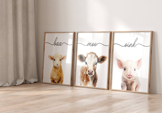 Farm Animal Nursery Prints | Set of 3 Farm Theme Wall Art for Boys & Girls - RoseRowanDesign