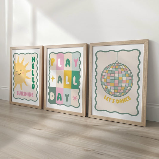 Nursery Wall Art Set of 3 - Sunshine Play All Day Disco Ball Pastel Prints with Frame Options - RoseRowanDesign - 