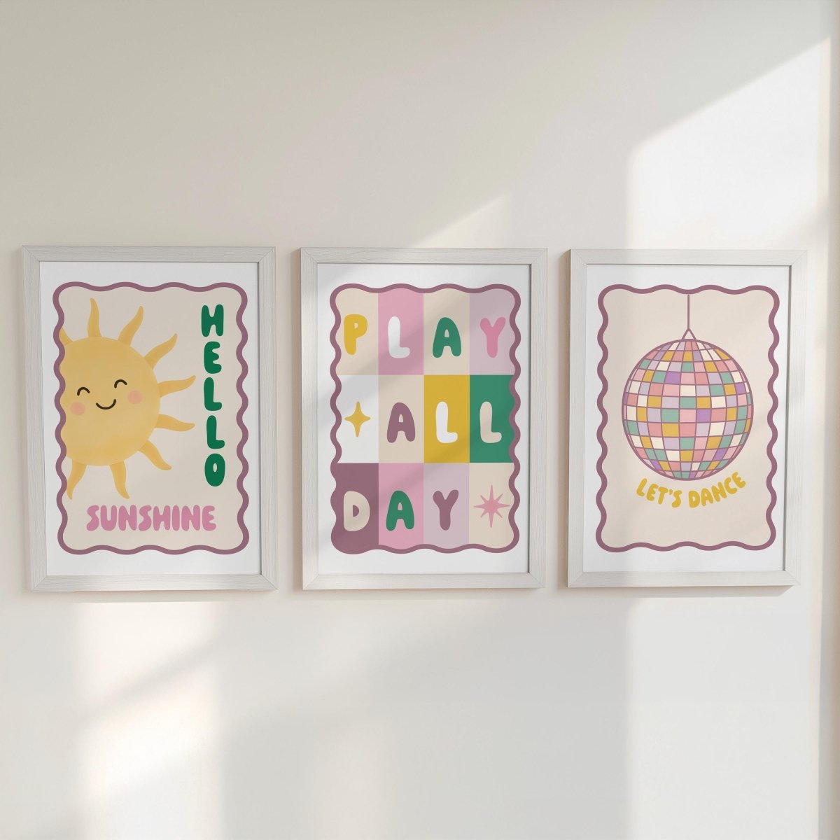 Nursery Wall Art Set of 3 - Sunshine Play All Day Disco Ball Pastel Prints with Frame Options - RoseRowanDesign - 